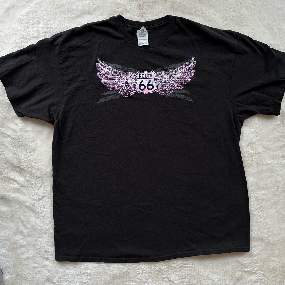 Vintage 90s Glitter Route 66 Angel Wings Tee Shirt